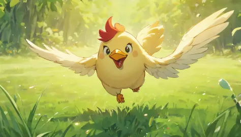 cute gentle chicken, white and red feathers, happy, playing and running on the ground  in a green grass farm ((baby chicken)) ::n_ angry face, mad expression,