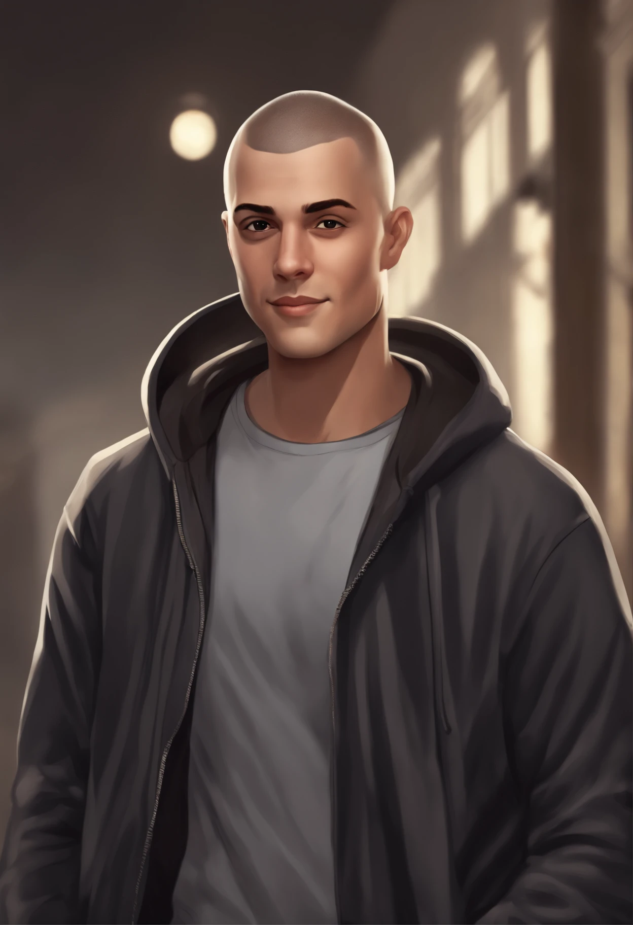 A man with a bald head and a hoodie standing in a dark room - SeaArt AI