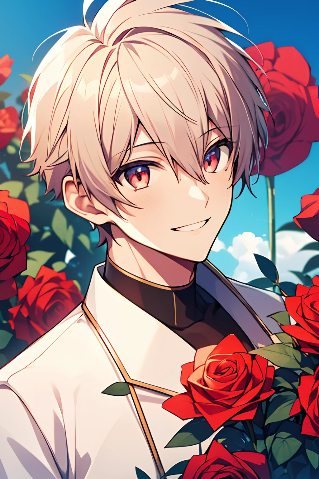 (high-quality, breathtaking),(expressive eyes, perfect face), 1boy, male, solo, short, young boy, short white hair, red eyes, smile, portrait, blue sky, red roses