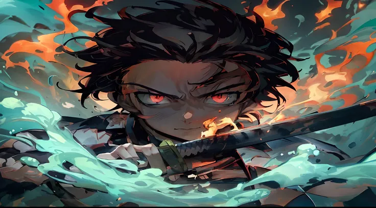 anime character with a sword in front of a fire and water background ...