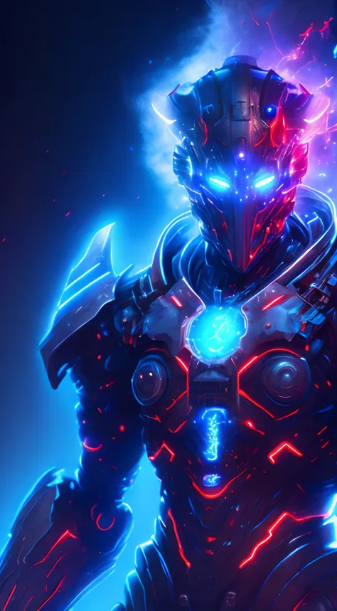 gloomy portrait of God Mecha Cyborg from DC, extremely detailed, space background, nighttime, glowing neon lights, smoke, sparks, metal shavings, flying debris, blue and red energy effects, volumetric light, cowboy shot.
