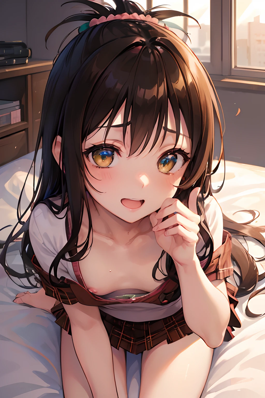 Anime girl laying on bed with her hand on her chin - SeaArt AI