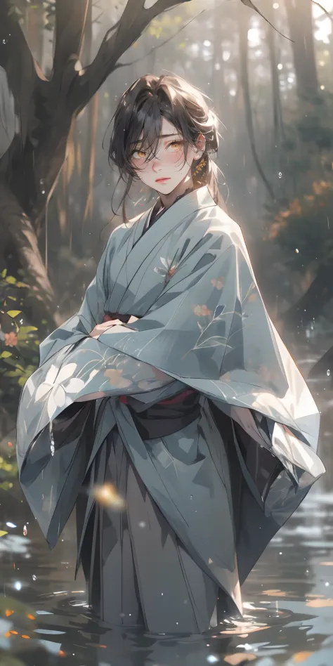 long hair,  japanese_clothes, solo, nature, 1boy, bangs,  outdoors, standing, forest, looking_at_viewer, water, blurry, male_foc...