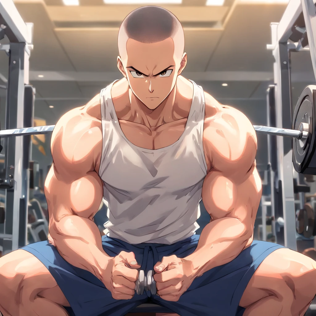 Saitama ((careca)), Um homem de soco, masculino, Working out intensely in a bodybuilding gym, Well-defined and detailed muscles,