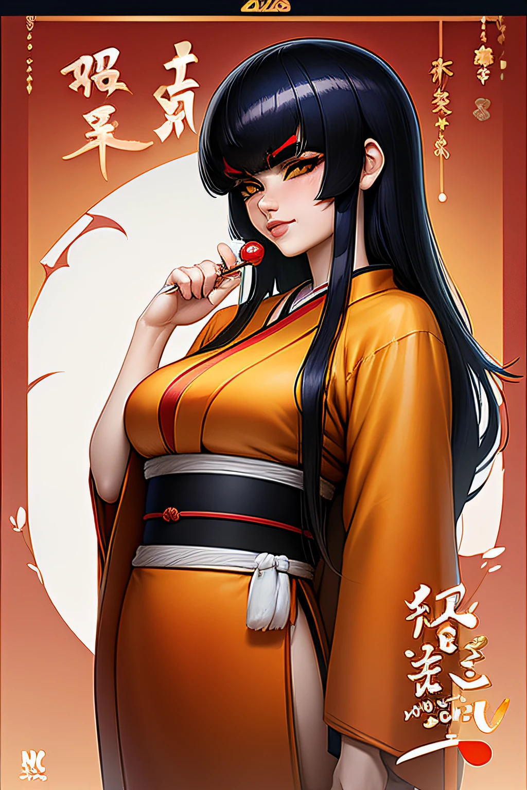 Nengajo: The Japanese New Year's Card,Happy New Year,New Year’s Day, ,shimabara yuuhi,lips gloss,blue black hair,short disheveled bangs,jagged cowlick,long locks,medium hair,thick eyebrows,sharp yellow eyes