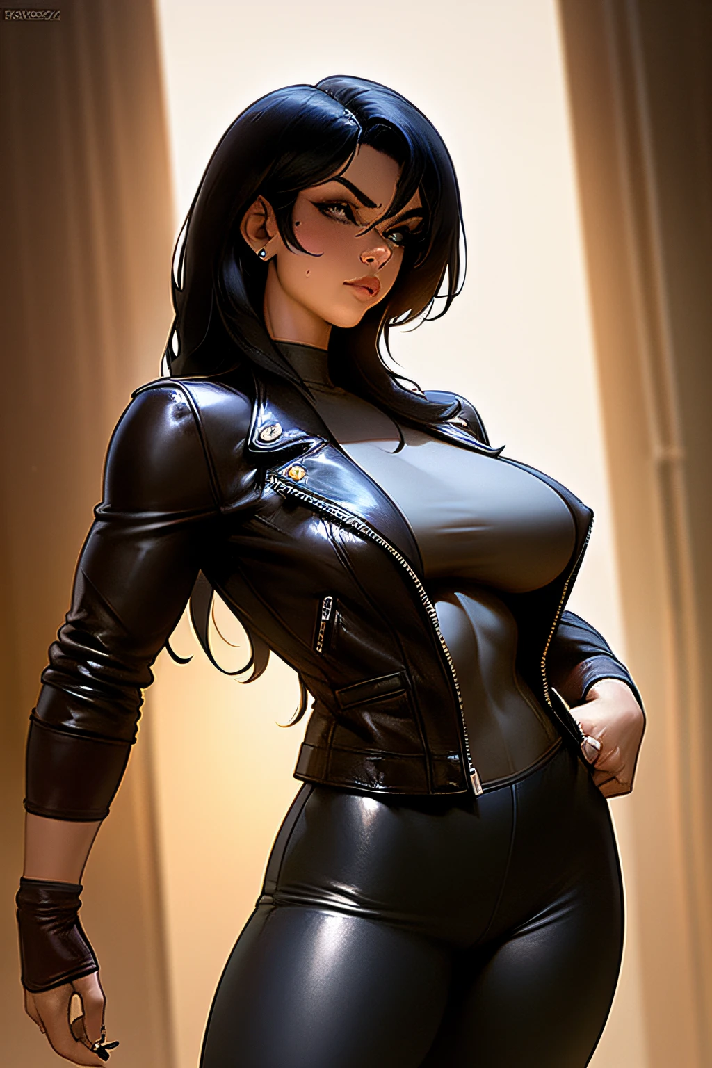 masterpiece, beautiful, female, (mature woman), fitness model, leather jacket, leather pants, looking cool, straight black hair, pretty face, sharp nose, hazel piercing eyes, tattoos, standing, illustration style, cinematic light, cinematic scene - high angle shot, art by frank frazetta and cutesexyrobutts,anime, illustration, drawing