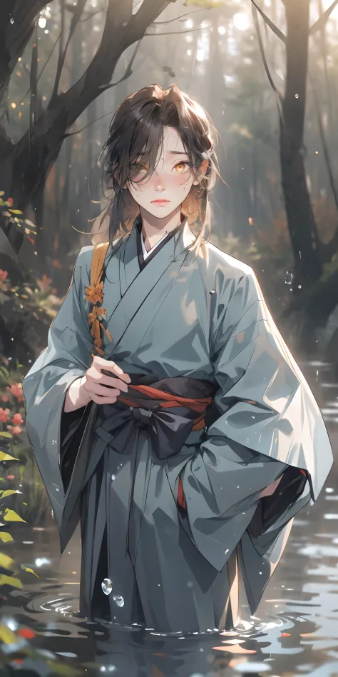 long hair,  japanese_clothes, solo, nature, 1boy, bangs,  outdoors, standing, forest, looking_at_viewer, water, blurry, male_focus, tree, wide_sleeves, hakama, blurry_foreground, water_drop, kimono, rock, long_sleeves, depth_of_field, black_hair,