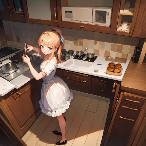 Absurd resolution, high resolution, (masterpiece:1.4), ultra-detailed, 1girl, in beautiful frock , seen from above, kitchen ,coo...