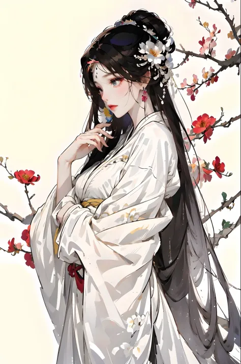 Masterpiece, Best quality, 8K, Cinematic light, 超高分辨率, Chinese painting, 1girll, Solo, flower, hair adornments, White background...