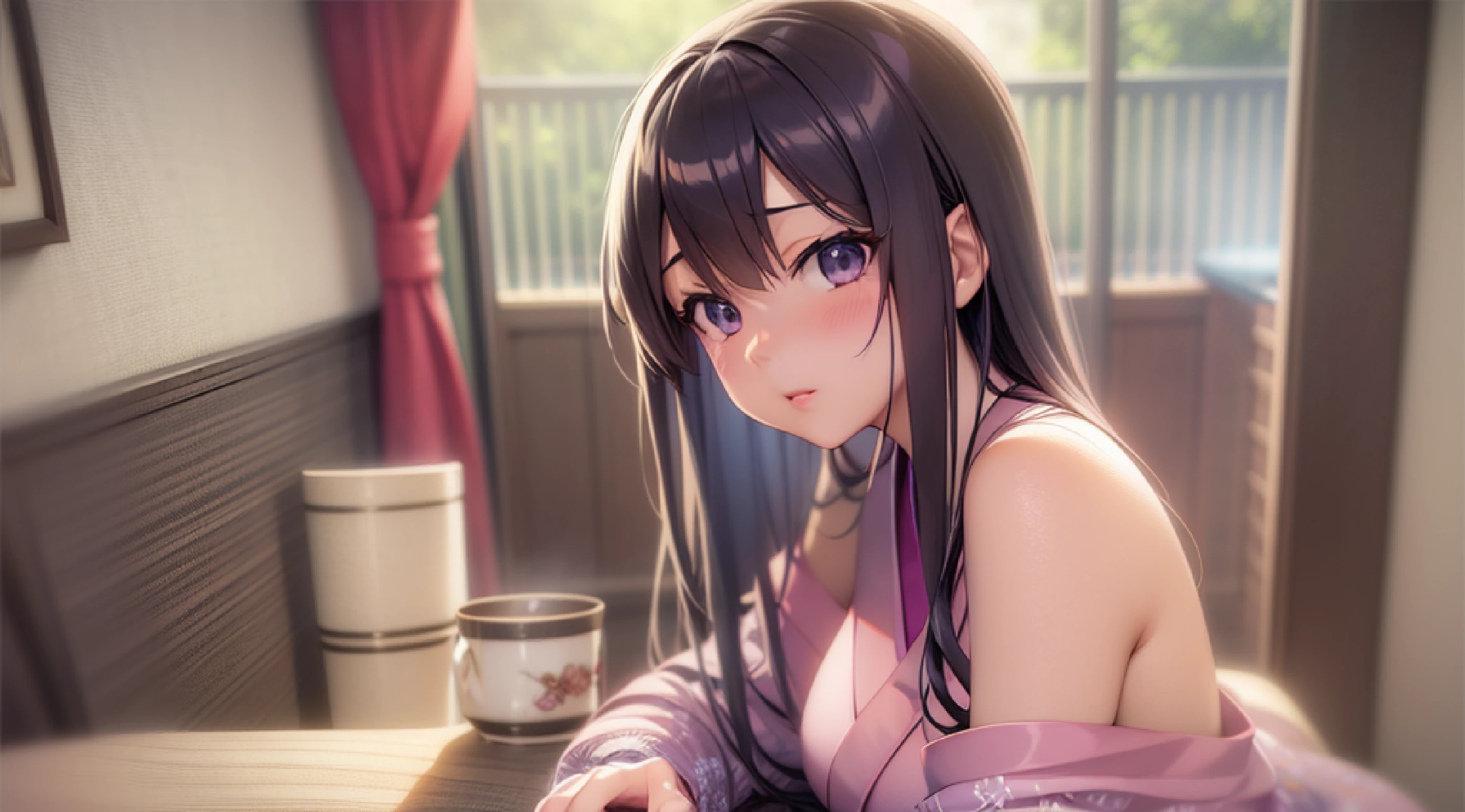 Chica anime con camisa rosa mirando por la ventana, visual novel cg, arte cg anime suave, anime sombreado cel, Estilo anime realista 3D., ; visual novel, estilo anime ecchi, escena de humor negro, visual novel, otro iwakura, chica anime seductora, Primer plano de otro Iwakura., Ángulo inferior, anime estilo 3d, Estilo de arte anime Moe