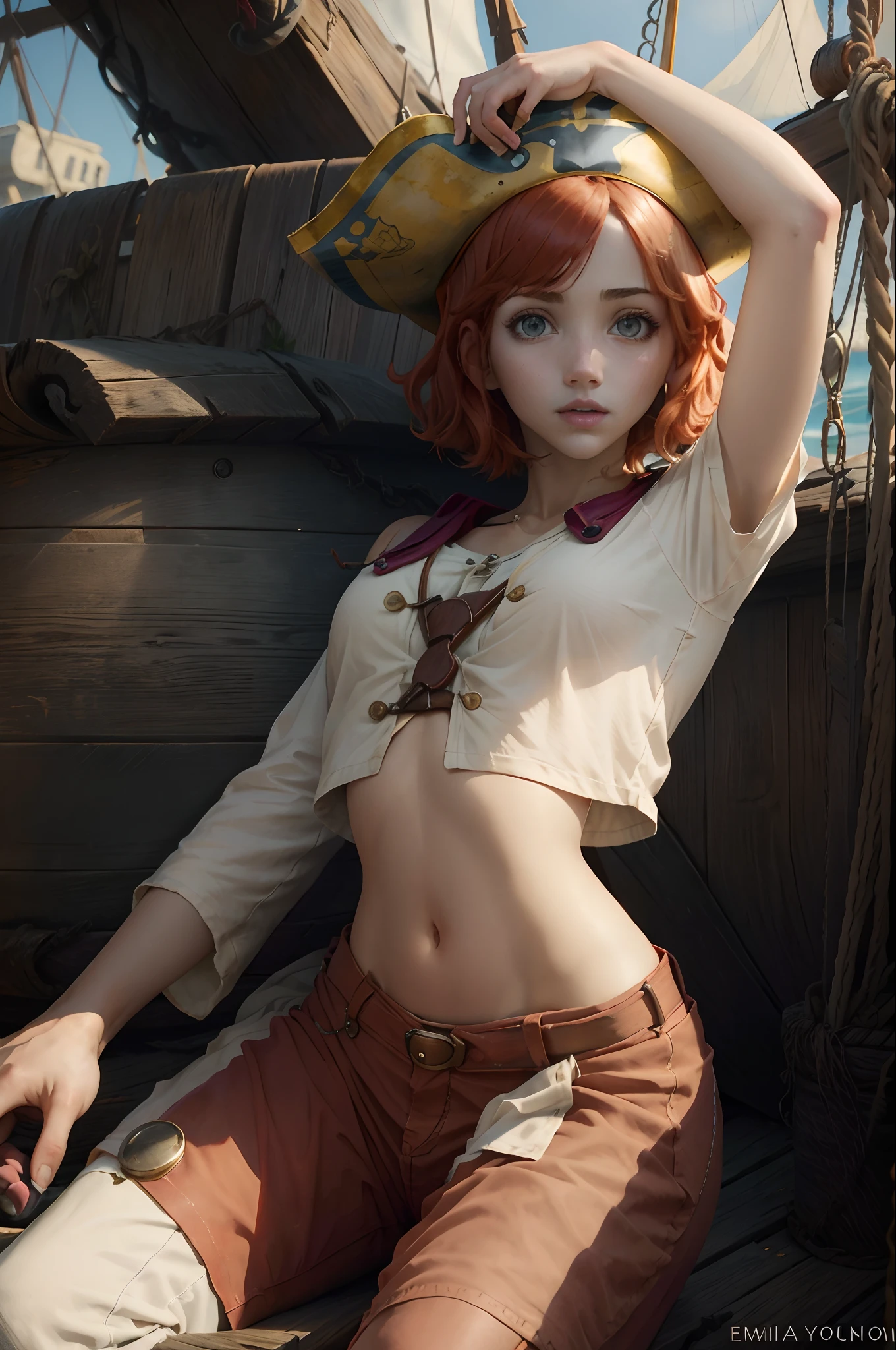 Portrait of Emily Rudd, Nami, girls, Redhead,  short red hair, On a pirate ship,