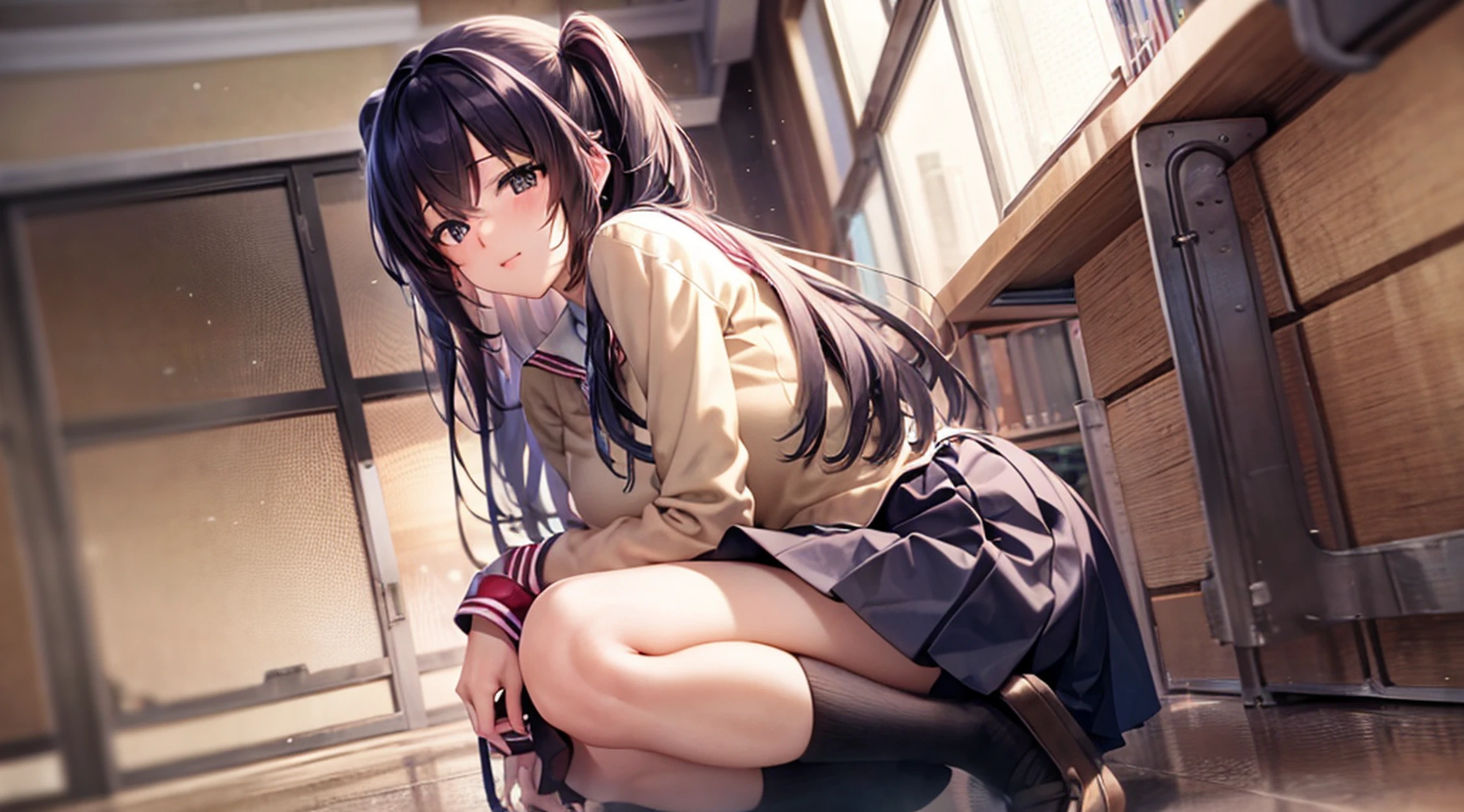 Anime images of women in skirts and men in shirts, Smooth Anime CG Art, visual novel cg, a hyperrealistic schoolgirl, the anime girl is crouching, Bottom Angle, touching her clothes, Realistic Schoolgirl, soft anime illustration, a hyperrealistic schoolgirl, Seductive Anime Girl, digital anime illustration, realistic anime 3 d style, ; visual novel