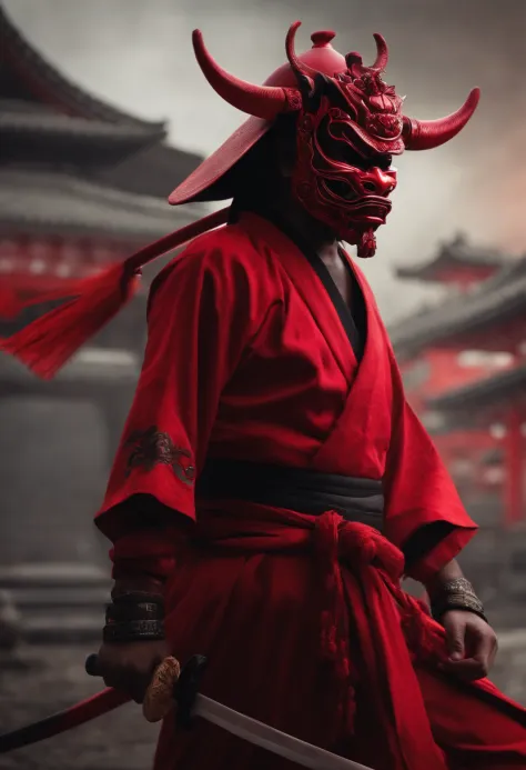a red ninja with a Japanese oni mask, com uma roupa preta, menacingly