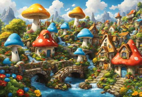 A smurf city, vividly depicted in the artwork (best quality, 4k, high resolution, masterpiece: 1.2), with ultra-detailed feature...