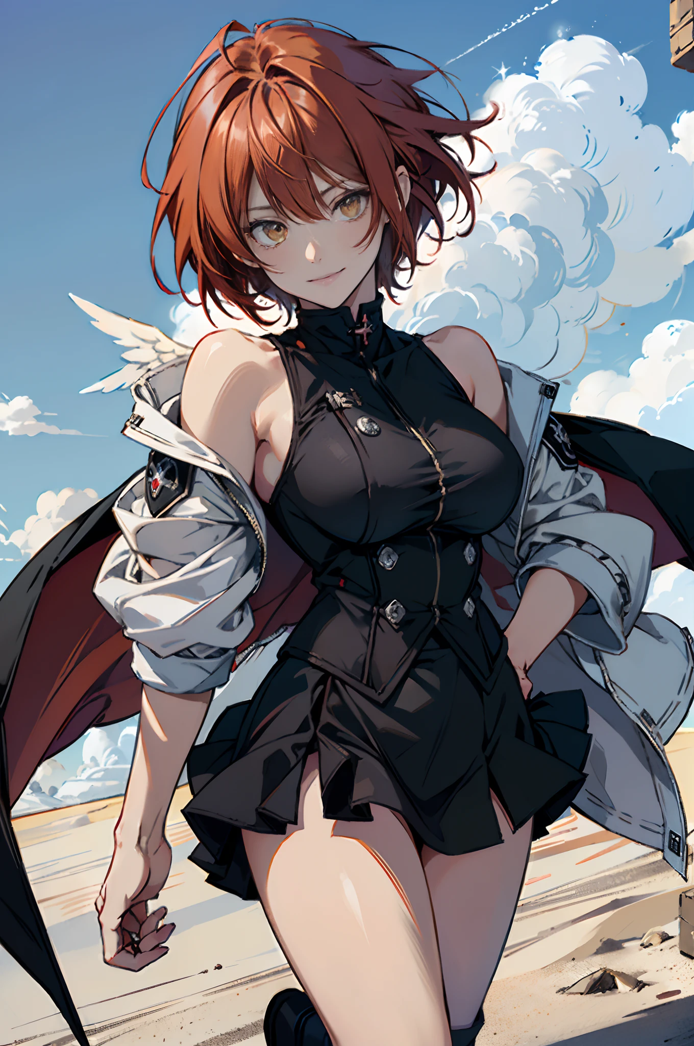 Pure sky，Plump legs，Anime girl standing gracefully on the ground，Black cape and red hair, rogue anime girl, Anime girl standing, Wearing a cloak on the blasted plain, asuka suit under clothes!, angel girl, badass posture, mechanic punk outfit, anime styled 3d, render of a cute 3d anime girl, gapmoe yandere grimdark, Female character，musculature，Abs，glowing bright yellow eyes，Bright red hair，short detailed hair，Dull hair，（Muscle 2.0），Tomboyish，Be red in the face，looking at viewert，Elaborate Eyes，huge tit，1.5，Put your hands in your pockets，ssmile，blacksilk，Straight big breasts，strappy，Black hot miniskirt，White bandeau，Toothless smile，Lower breast，Mechanical wind，There are no cities，Side breasts，Excitation，Top crotch，Sexy lower abdomen，extremely large bosom，High-fork panties，looking at viewert，nabel，chest-hugging，The halo，dynamicposes，Tall anime girl，cropped shoulders，Clean and pure sky，Place the index finger of your right hand in front of your mouth，over knee socks，Half-off white cloak，Ark of Tomorrow，Can angel