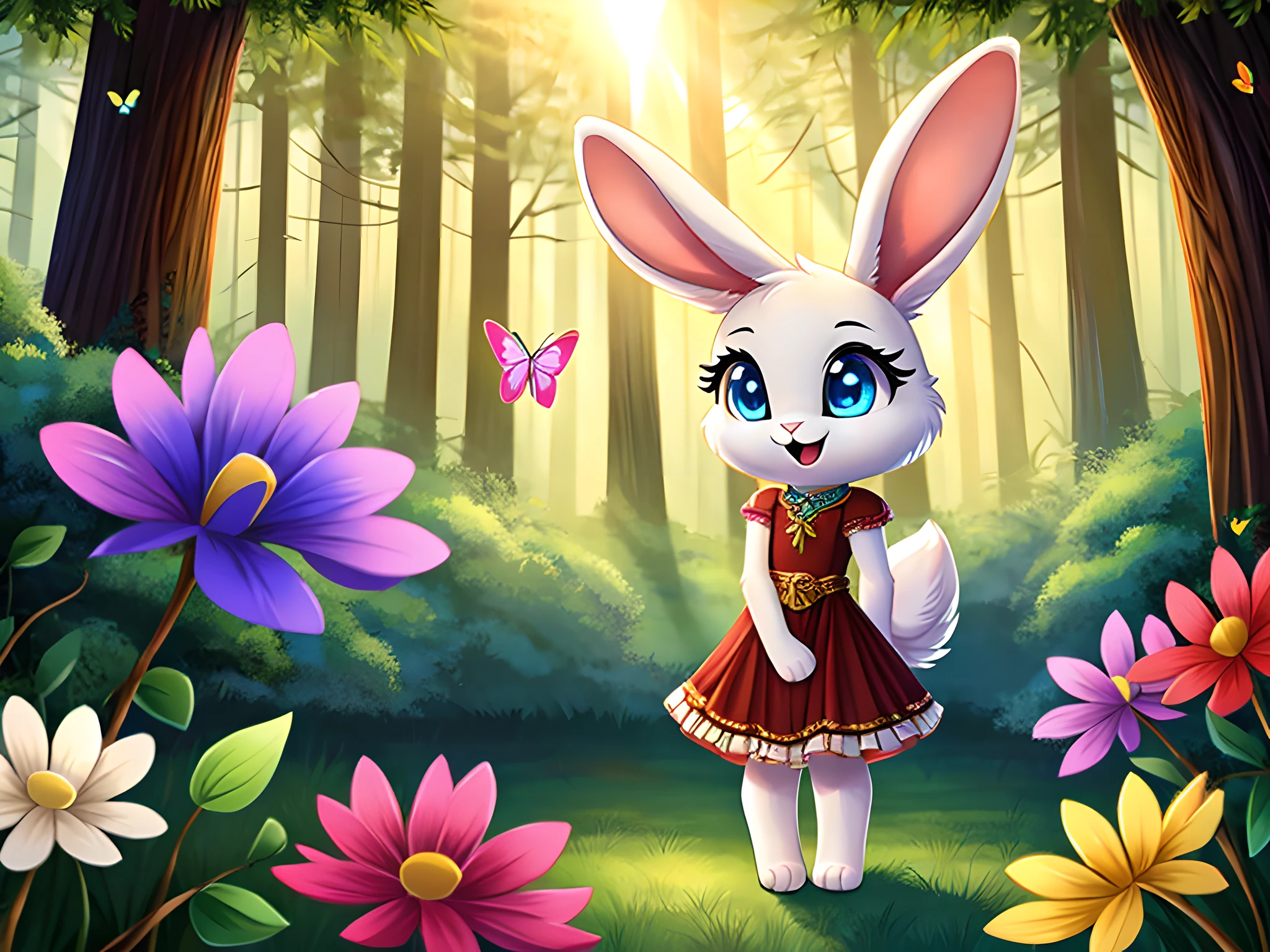 zoomed out image, fantasy style art, cute, adorable, short, tiny, little fluffy female white bunny with blue eyes, 2 extra ears, 4 ears, big floppy ears, long ears, ears perked up, raised ears, long eyelashes, poofy rabbit tail, smiling, standing in a thick redwood forest, wearing a red frilly dress, big expressive smile, open mouth, wide eyes, excited eyes, excited face, stunning visuals, sunlight coming through the trees, colorful flowers scattered in the bushes, colorful butterflies flying around, digital illustration