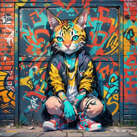 Neon colored cat in back alley、(Super Detail)、(8K)、((Hip Hop Fashion))、(graffiti wall)、(full body Esbian)、(hyperdetailed face)、(...