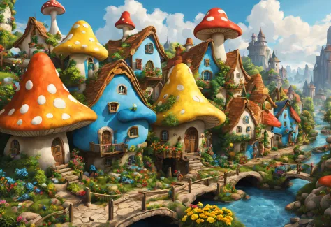 A smurf city, vividly depicted in the artwork (best quality, 4k, high resolution, masterpiece: 1.2), with ultra detailed feature...