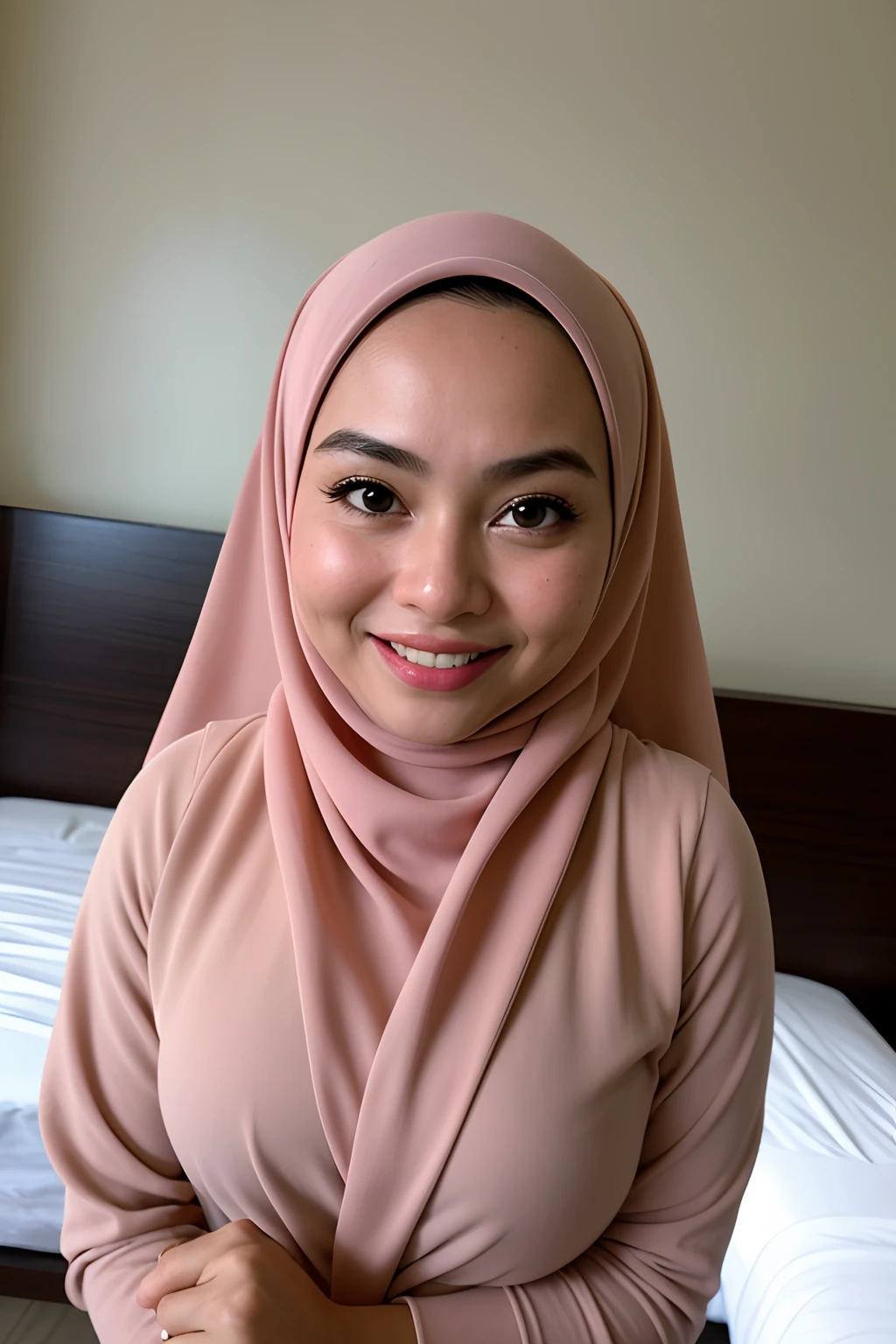 1 名 马来女孩 , 现代纯白色头巾, 微笑, 中距离人像拍摄 , 水汪汪的大眼睛 , 穿黑色内衣 , 白色现代酒店卧室背景, 明亮的前灯, 抓胸姿势,