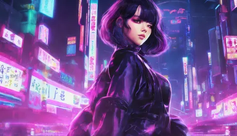 japanaese girl,pale skin,beatiful face(purple hair)red jacket,Tokyo at night, with Cyberpunk style,Japanese streetwear,Tokyo Fashion,In a Cyberpunk 2 jacket 0 7 7,Full-length,attractive pose,Bottom view,Araffe woman in black dress and black hat posing for ...