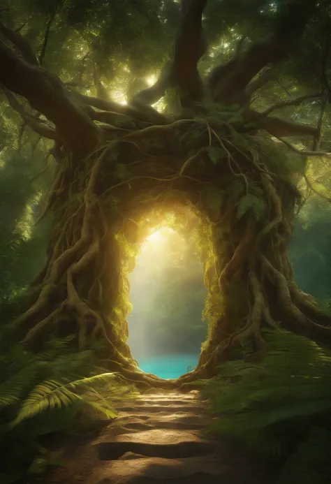 a portal where when passing it fall gold coins in a paradisiacal landscape. The portal is surrounded by branches and roots