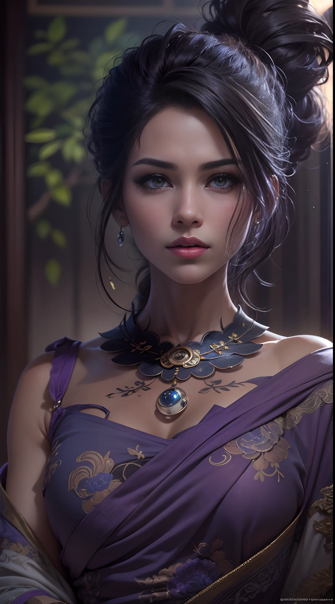 A woman with a purple dress and a necklace on her neck - SeaArt AI