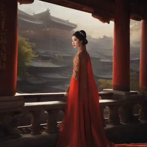 Best quality, Masterpiece, 超高分辨率, (photograph realistic:1.4), surrealism, Dream-like,fusionart, AI Goddess，Ten thousand swords plunged into the ground，Background: Chang'an City that Never Sleeps，Robe Hanfu，A glimpse of amazement