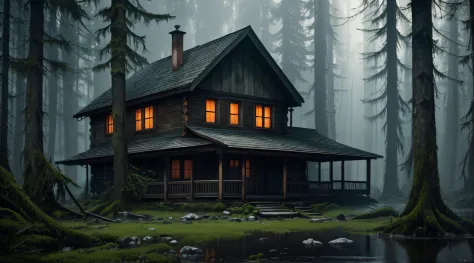horror mood, dense forest, an old lakeside cabin, moss on the walls, gloomy night, realistic, abandoned, octane render, 8K, hyper realistic , poster style, hyper realistic acrylic painting, fibonacci, insane, intricate, highly detailed, digital painting, a...