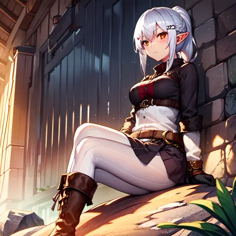 one girl, white hair, yellow eye, elf, medium breast, ponytail hairstyle, adventure theme, sit on the rock,