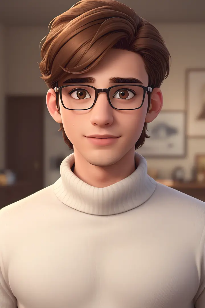 (best quality,4k,8k,highres,masterpiece:1.2),ultra-detailed,realistic,studious young man with messy brown hair, handsome face, square face shape, brown hair and eyes, wearing a white turtleneck, thin-framed glasses.