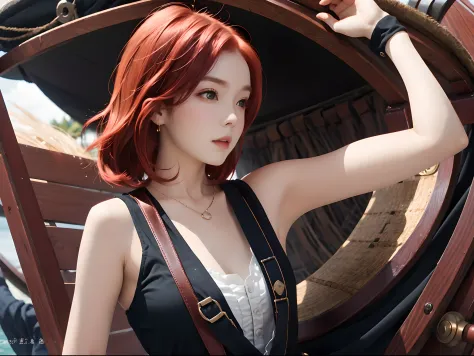 portrait of emily udd, nami, girls, redhead,  short red hair, on a pirate ship,