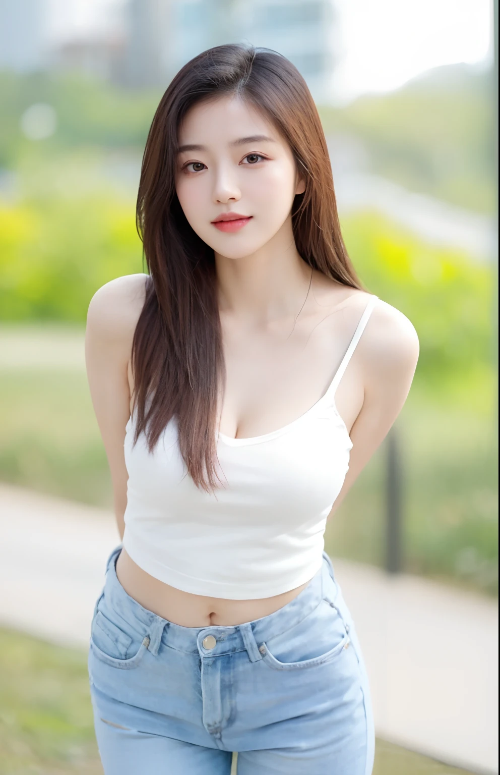 a close up of a woman in a white top and jeans, korean girl, beautiful south korean woman, gorgeous young korean woman, beautiful young korean woman, beautiful asian girl, asian girl, attractive girl, young asian girl, korean woman, young and cute girl, lovely woman, chinese girl, cute young woman, beautiful girl model, a cute young woman, jaeyeon nam, Best picture quality, masterpiece, ultra high resolution, 8k, cleavage, big , bust detail, hair detail, eye detail, sharp eyes, thin smile, professional lighting