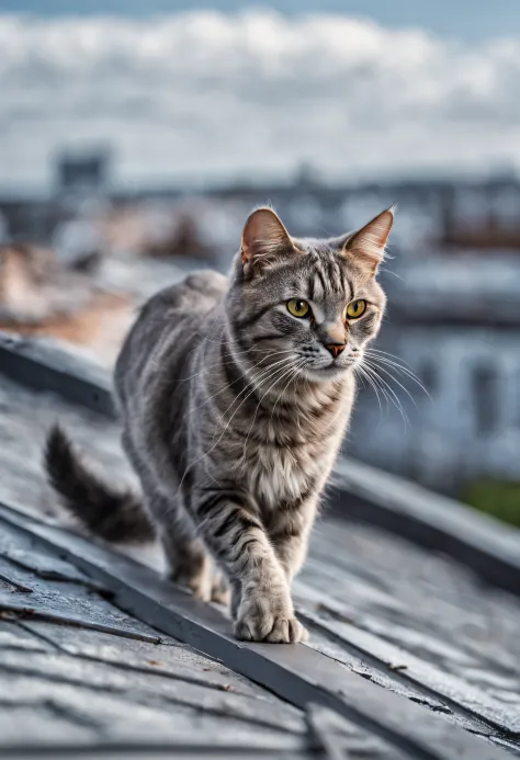 Grey rooftop cat walks on roof, looks down, best quality, super detailed, high resolution, very detailed, 8k uhd, realistic, (natural light), amazing, fine detail, best, high quality, RAW photo