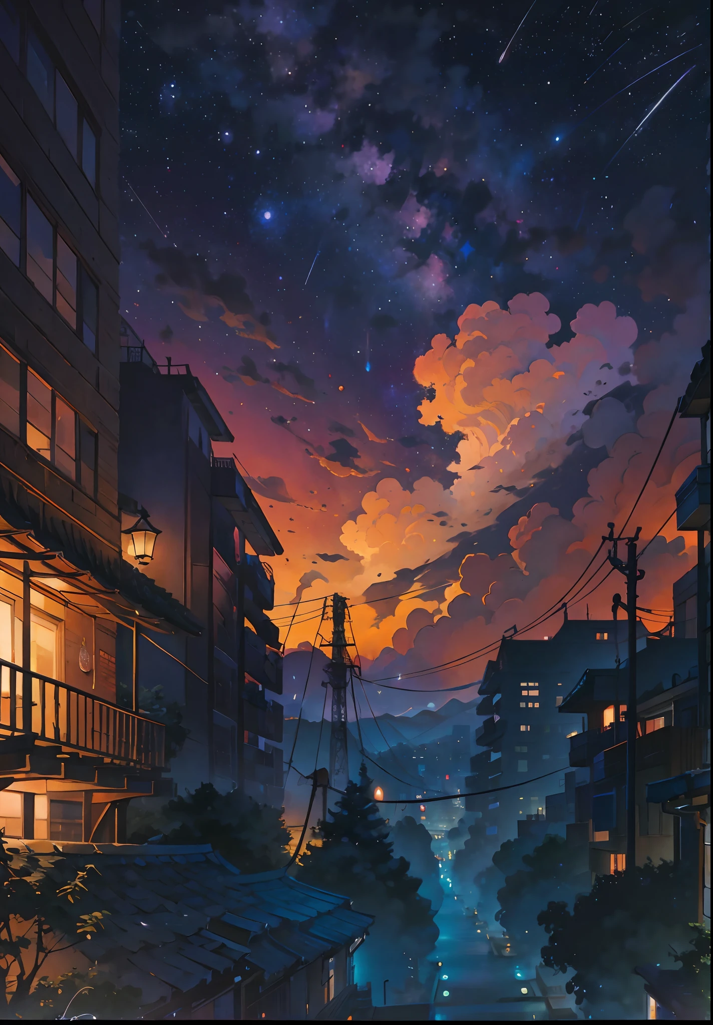 Octanes, The sky, star (The sky), scenery, a starry sky, the night, 1 girl, night  sky, solo, Plein Air, signature, building, Cloud, the Milky Way, seat, a tree, longye hair, The city, silhouette, Cityscape