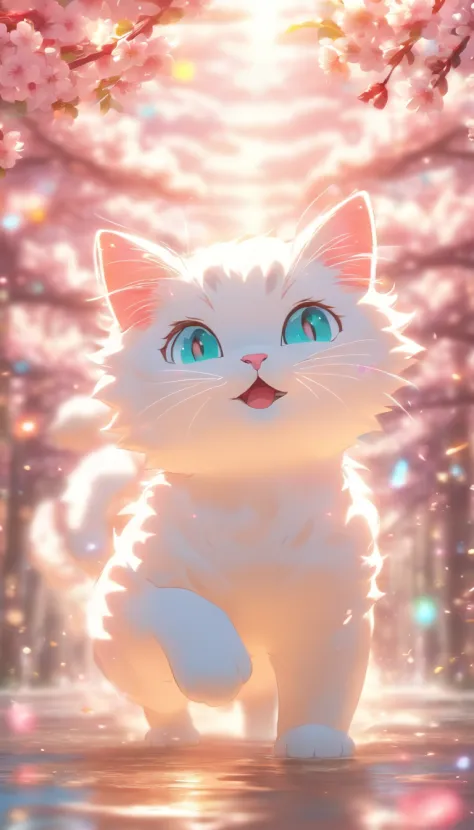 Cartoon white cat, Float in the air, Rainbow back, Around the cherry blossoms, High detail, Cinematic lighting, Motion blur, color difference, hyper HD, Masterpiece, Super detail, High details, High quality, Award-Awarded, Best quality, A high resolution