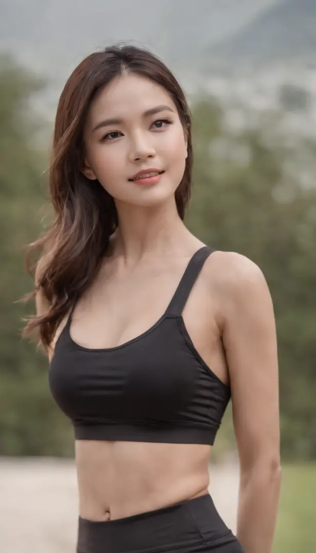 Mulher asiática slim fitness mostra sua cintura fina e pequena com