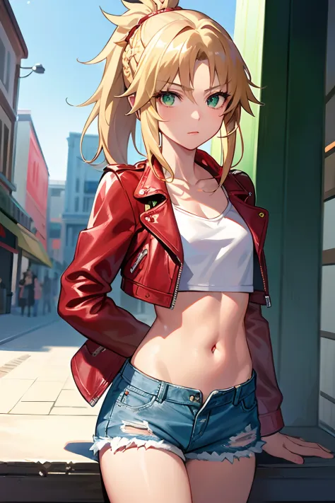 masterpiece, best quality, illustration, city street, 1girl, mordred \(fate\), cowboy shot, skinny, collarbone, detailed blonde ...