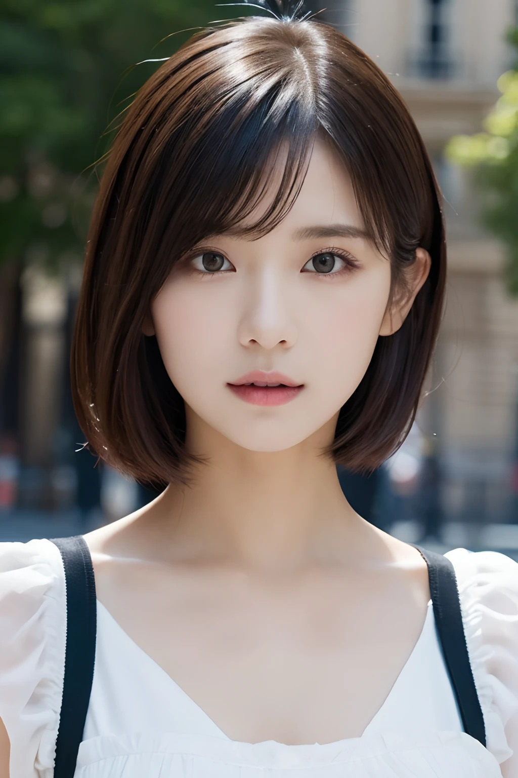 1girl in, Very elegant girl, (Young Face, Cute), (French maid costume:1.2), (Raw photo, Best Quality), (Realistic, Photorealsitic:1.4), masutepiece, Extremely delicate and beautiful, Extremely detailed, 2k wallpaper, amazing, finely detail, the Extremely Detailed CG Unity 8K Wallpapers, Ultra-detailed, hight resolution, Soft light, Beautiful detailed girl, extremely detailed eye and face, beautiful detailed nose, Beautiful detailed eyes, Short hair, 
Bangs, Elegant rounded bob, Cinematic lighting, Typical views of Paris, Perfect Anatomy, Slender body, Beautiful constricted waist, thin legs, Looking at the camera