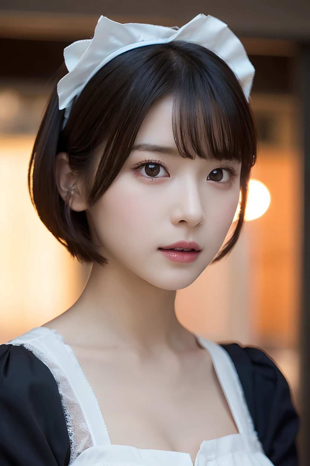 1girl in, Very elegant girl, (Young Face, Cute), (French maid costume:1.2), (Raw photo, Best Quality), (Realistic, Photorealsitic:1.4), masutepiece, Extremely delicate and beautiful, Extremely detailed, 2k wallpaper, amazing, finely detail, the Extremely Detailed CG Unity 8K Wallpapers, Ultra-detailed, hight resolution, Soft light, Beautiful detailed girl, extremely detailed eye and face, beautiful detailed nose, Beautiful detailed eyes, Short hair, 
Bangs, Elegant rounded bob, Cinematic lighting, Typical views of Paris, Perfect Anatomy, Slender body, Beautiful constricted waist, thin legs, Looking at the camera