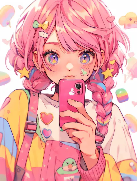 Garota anime com cabelo rosa segurando um telefone rosa na frente de seu rosto, decora inspired illustrations, menina kawaii bon...