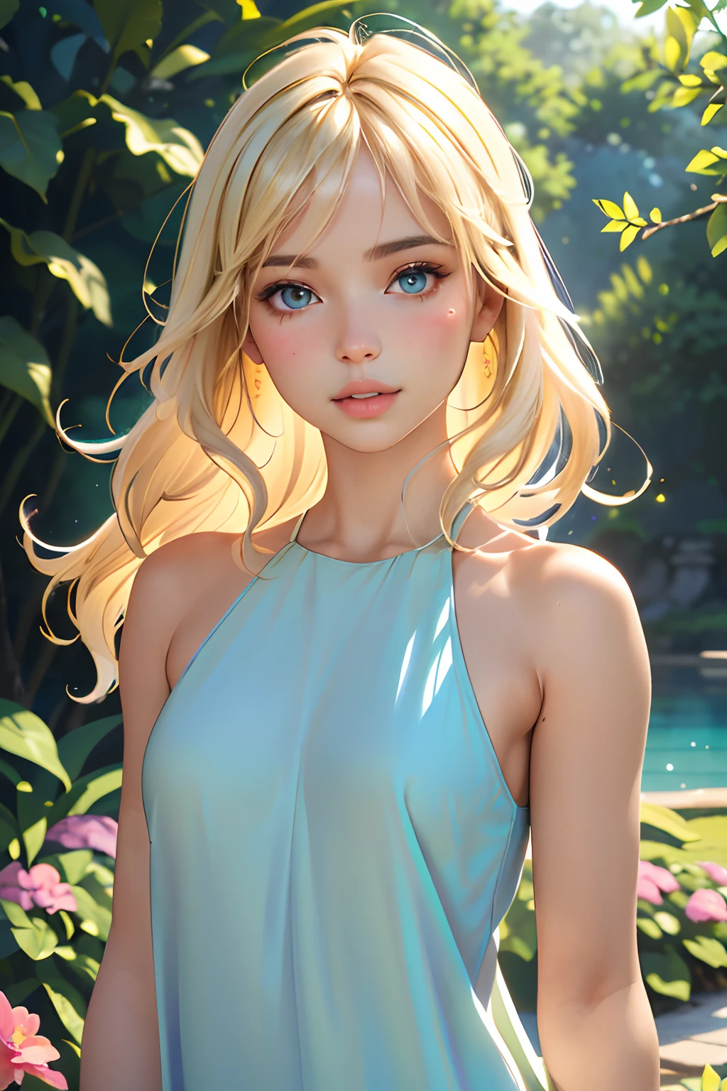 (best quality,4k,8k,highres,masterpiece:1.2),ultra-detailed,(realistic,photorealistic,photo-realistic:1.37),beautiful detailed eyes,beautiful detailed face,flowing curly hair,vibrant colors,soft lighting,dreamy atmosphere,summer garden,blooming flowers,gentle breeze,illustration,HD,studio lighting,portraits,pastel color palette,warm sunlight,airy feeling,peaceful environment,lush foliage,subtle shadows,dappled light,magical ambiance,serene mood,graceful movement,delicate petals,blurred background,elegant posture,harmonious composition,vivid hues,tranquil scene,nature-inspired,ethereal beauty,serene expression,delightful summer day