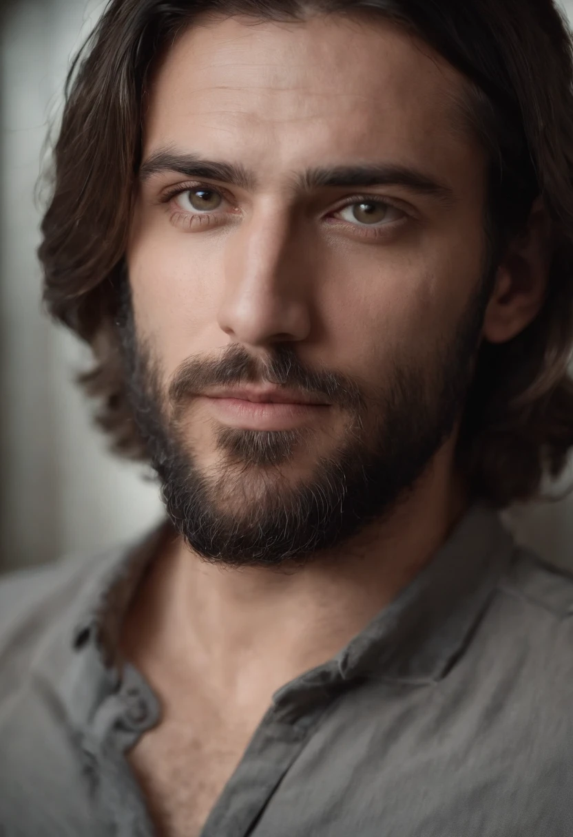 homem magro, long dark shoulder-length hair, olhos fundos, barba rala, olhos pretos e roupas desgastadas, cansado