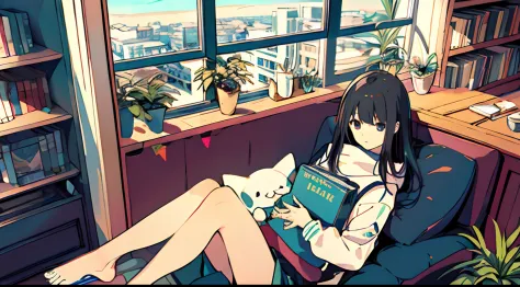 One girl, from above, plant, black hair, cat, lying down, indoors, holding, long sleeve, long hair, stuffed animal, potted plant...
