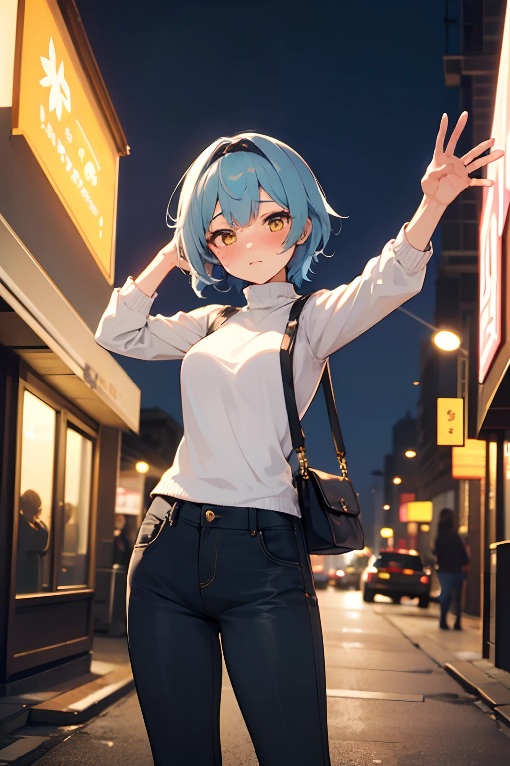 SFW, masterpiece, standing (woman 1), (((cute pose)), ((casual clothes))), yellow eyes,  pouder blue hair, cute blush, (city), wind, blush, ((milf)), night, bussy street, turtleneck