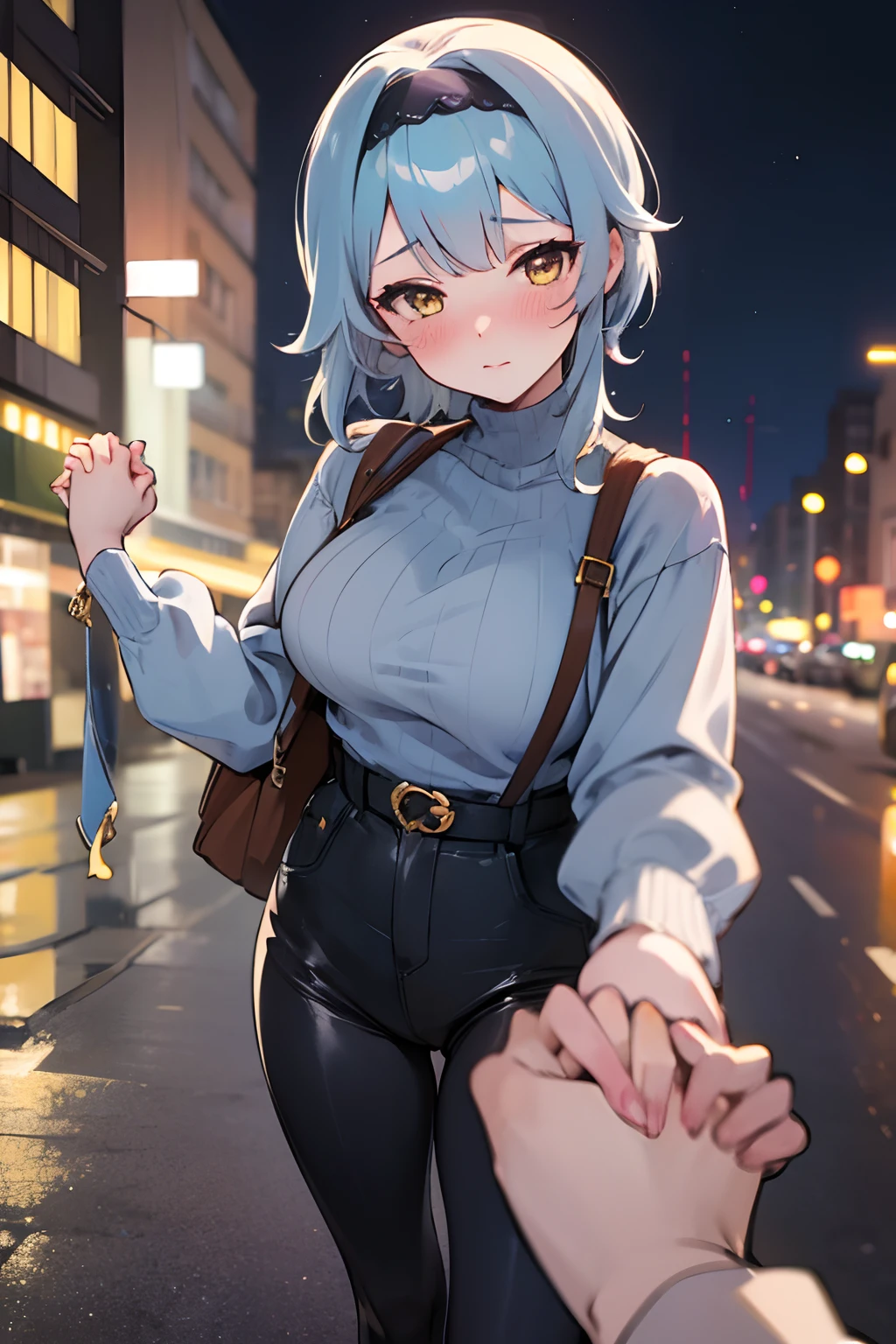 SFW, masterpiece, standing (woman 1), (((cute pose)), ((casual clothes))), yellow eyes,  pouder blue hair, cute blush, (city), wind, blush, ((milf)), night, bussy street, turtleneck, ((holding hands pov:1.6))