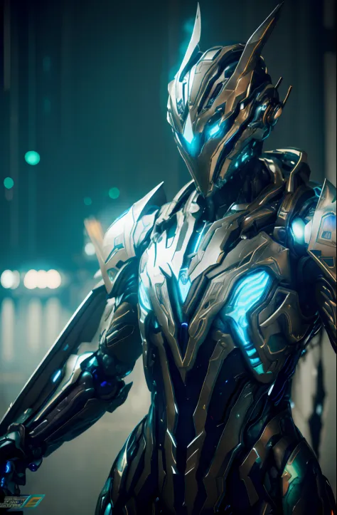 arafed robot with glowing eyes and a glowing arm, cyber suit, movie still of a cool cyborg, Unreal Engine 4K wallpapers, detailed warframe, 4K HD wallpapers very detailed, 4 k render, 4k rendering, intricate glowing mecha armor, warframe armor, high detail...