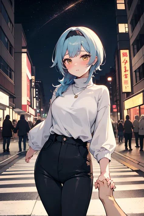 sfw, masterpiece, standing (woman 1), (((cute pose)), ((casual clothes))), yellow eyes,  pouder blue hair, cute blush, (city), w...