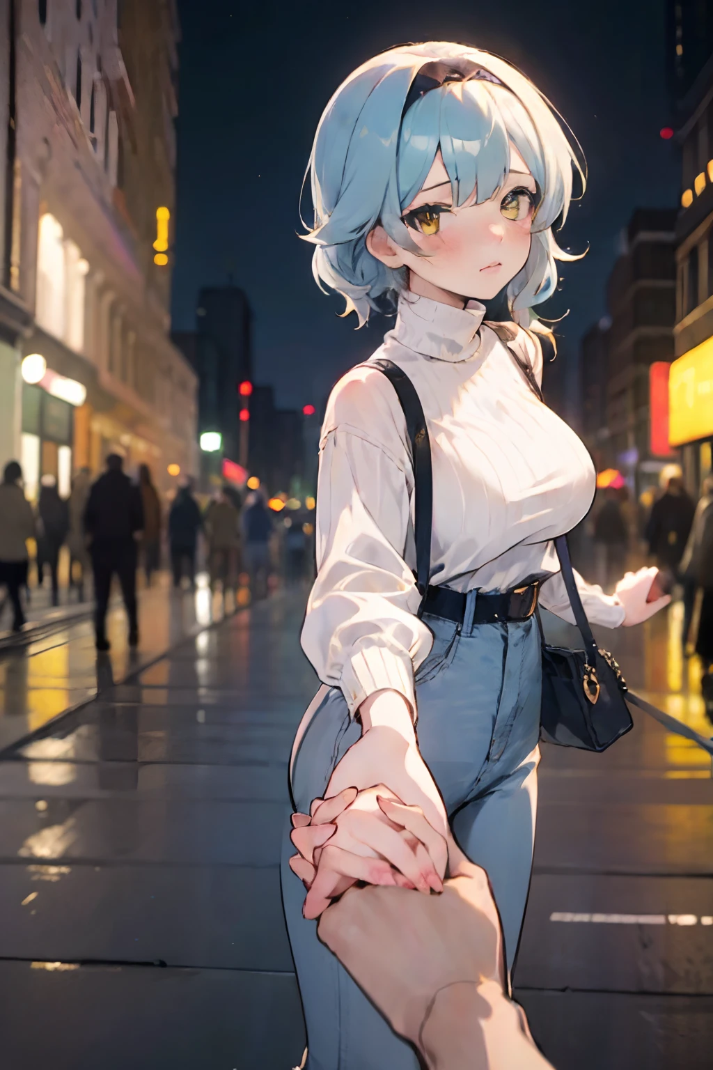 SFW, masterpiece, standing (woman 1), (((cute pose)), ((casual clothes))), yellow eyes,  pouder blue hair, cute blush, (city), wind, blush, ((milf)), night, busy street, turtleneck, (holding hands pov:1.6), perfect hands