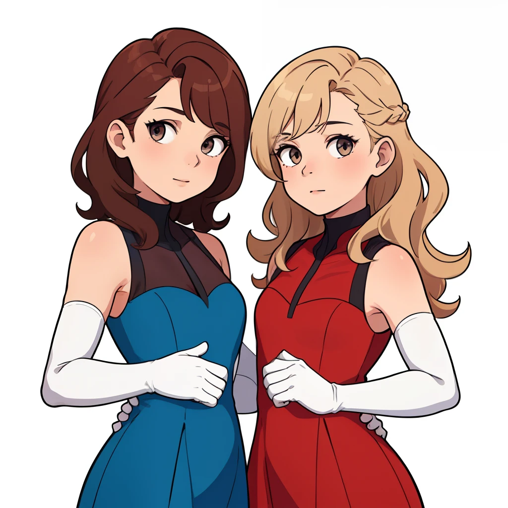 2girls, duo, twins, same colored dress, sleeveless, white elbow gloves, mature woman, brown hair, blonde hair, curly hair, hair down, hazel eyes, white background