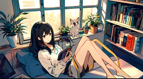 a girls, from above, plant, black hair, cat, lying, indoors, holding, long sleeves, long hair, stuffed toy, potted plant, book, ...